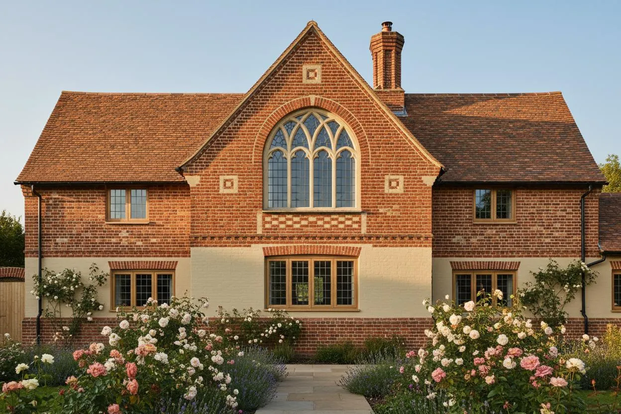 Brick gable end with arched window and decorative brickwork