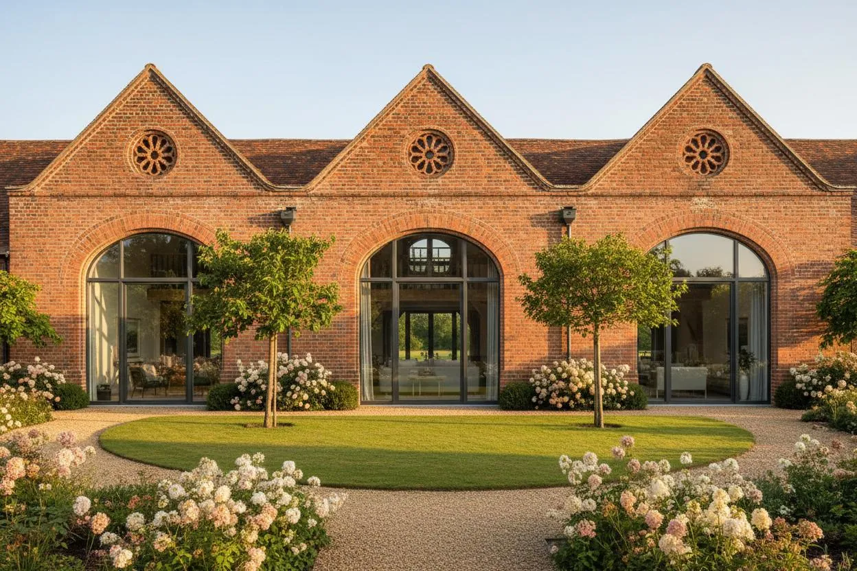 Barn conversion with large arched windows and traditional brickwork