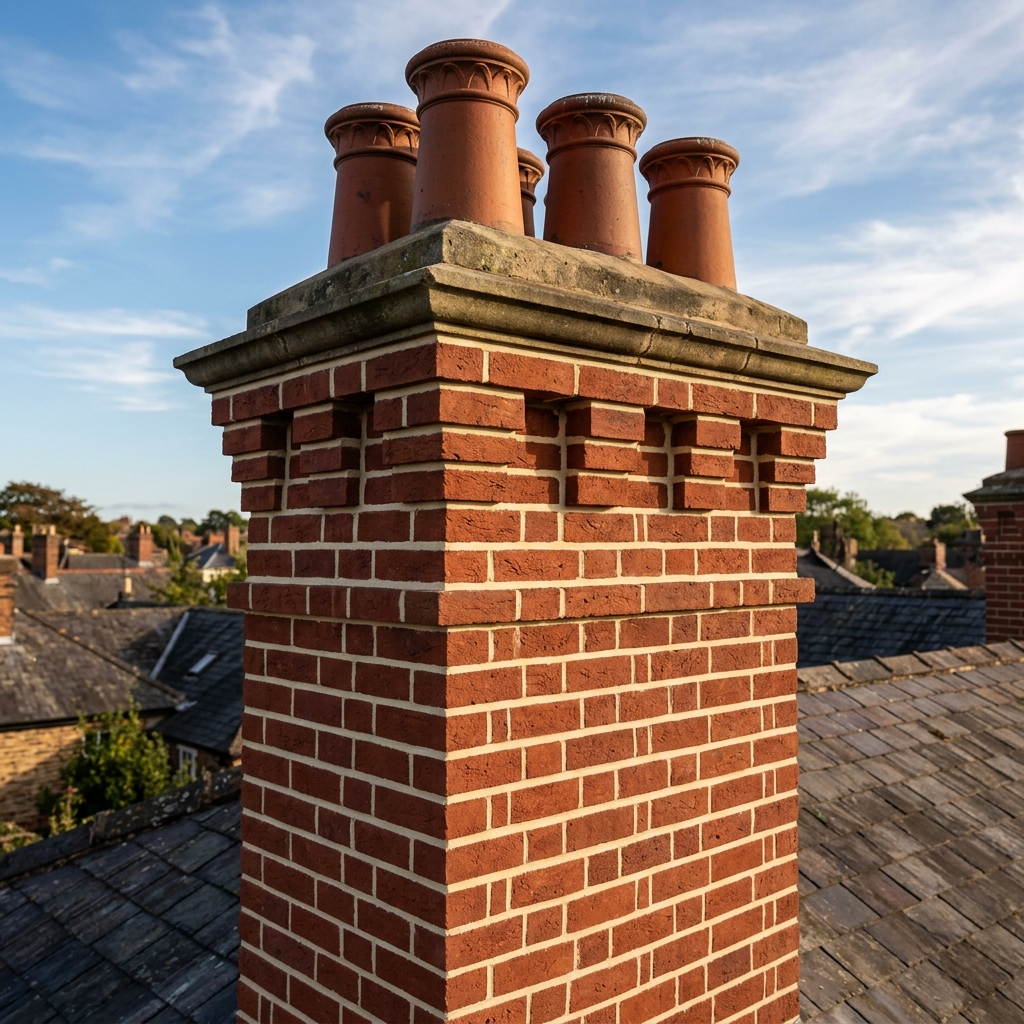 Immaculately repointed Victorian chimney stack with clean cream lime mortar