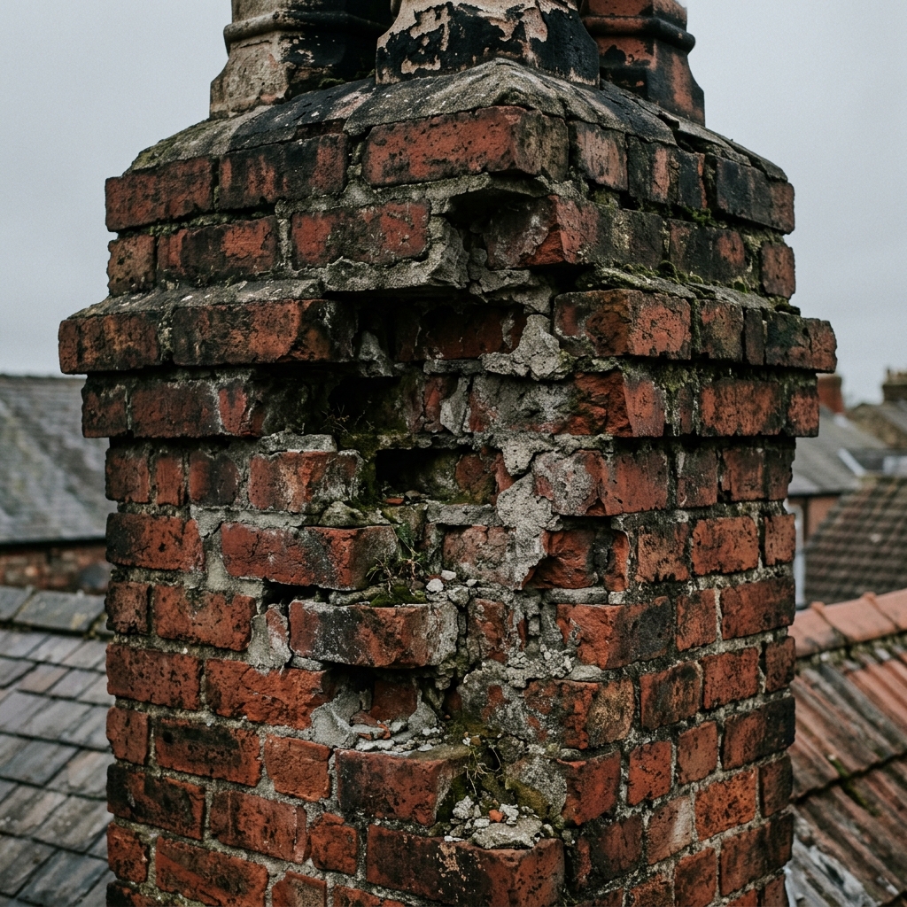Weathered, dirty Victorian chimney with cracked grey cement mortar
