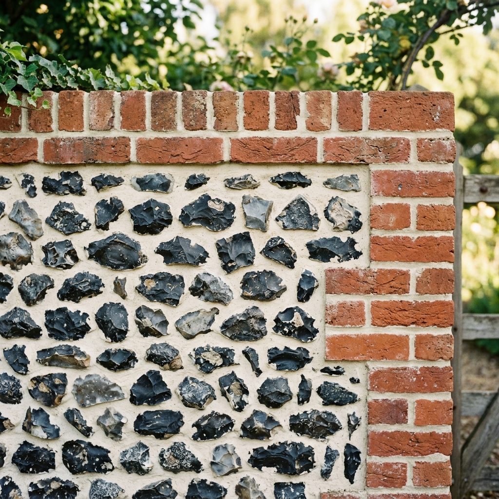 Flint boundary wall with replaced flints set flush in clean lime mortar