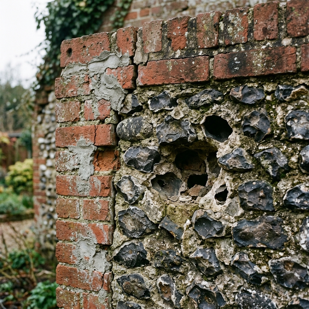 Flint boundary wall with missing flint stones and cracking cement patches