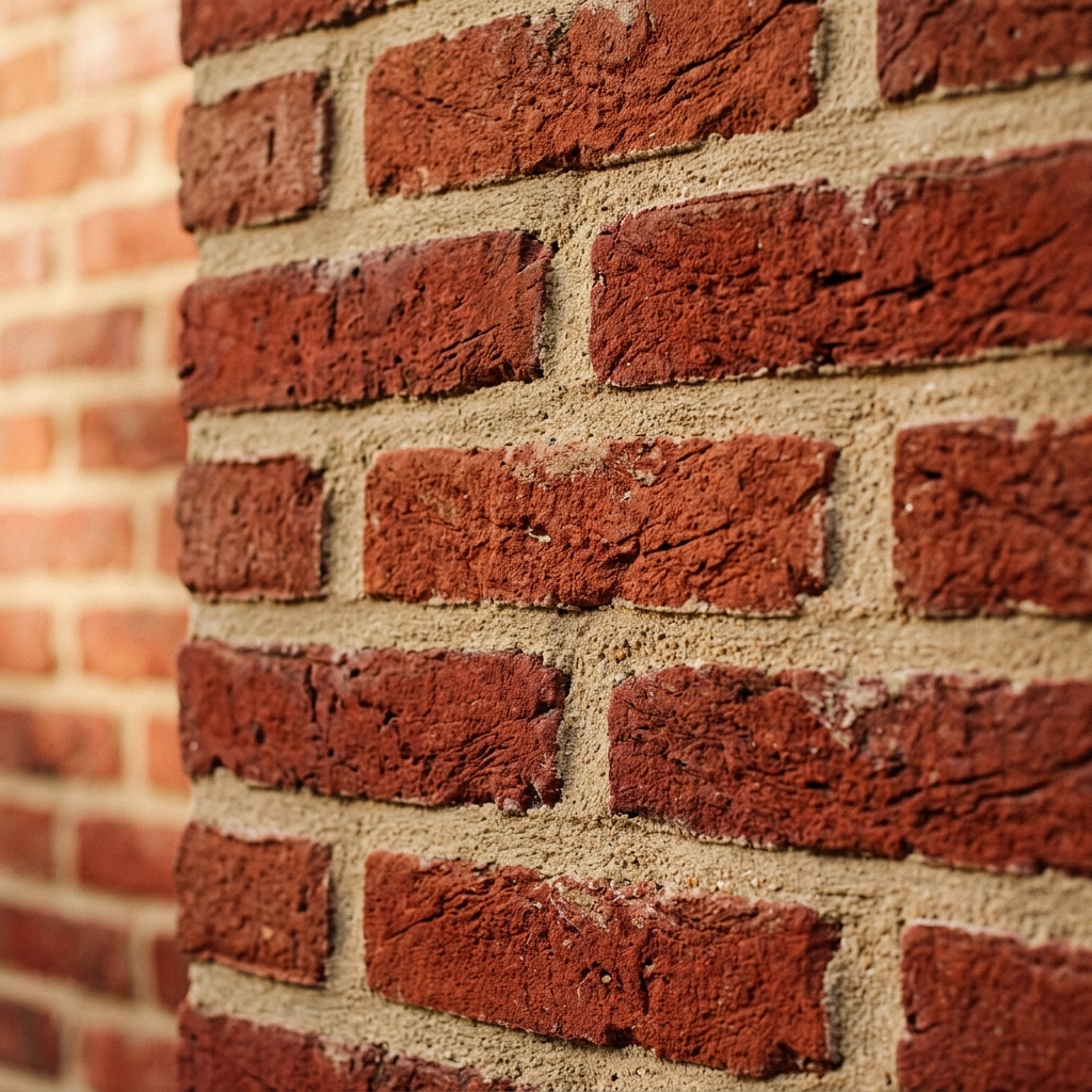 Restored Tudor brick wall with textured brush-beaten lime mortar