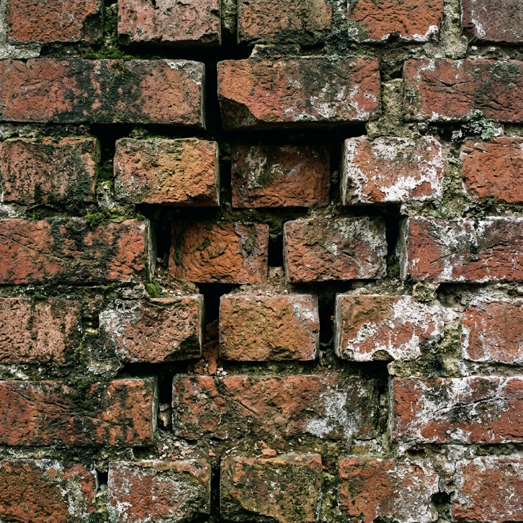 Weathered old Tudor brickwork with empty joints and moss growth