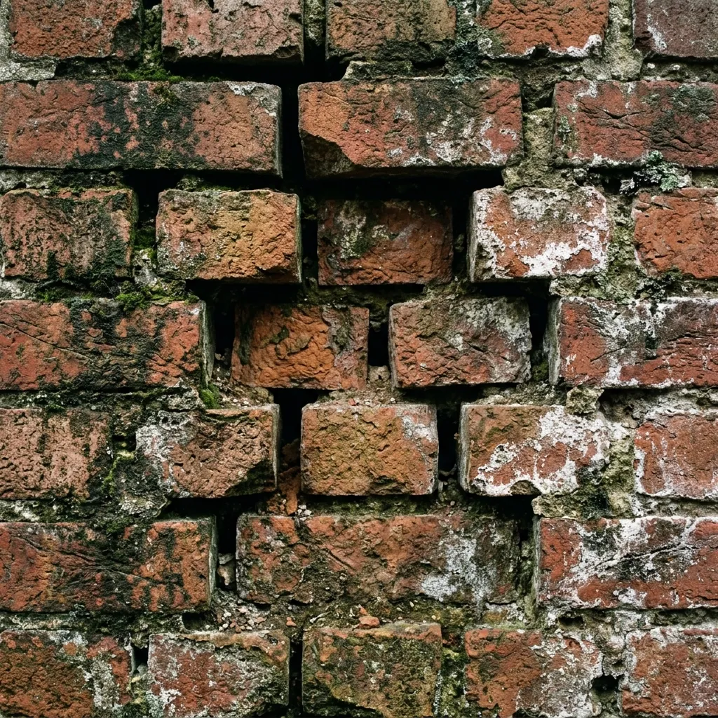 Weathered old Tudor brickwork with empty joints and moss growth
